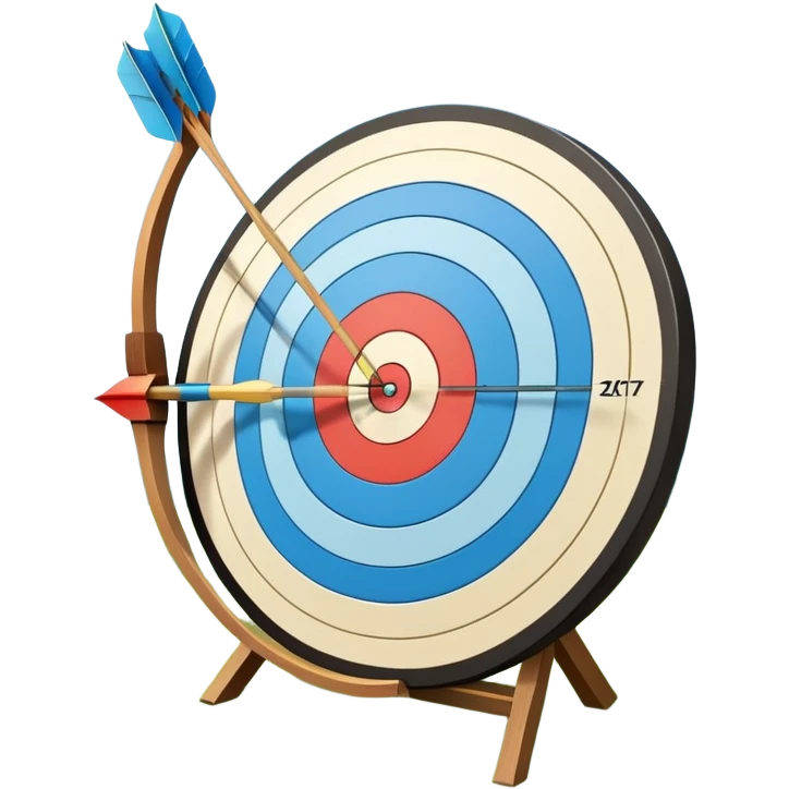 A bow with an arrow drawn back, aimed at a target with concentric rings. The background suggests a calm, outdoor archery range, emphasizing the precision, focus, and skill required in archery as a competitive sport. emoji