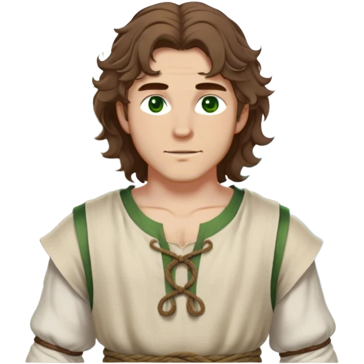 medieval summer outfit worn by a DnD themed fantasy male character. basic sleeveless linen tunic with a wide, open neckline and a thin rope tied around the waist. clothes only above the waist. The clothes full waist. The character's haven't arms. character is white-skinned, brown hair, green eyes, shoulder-length wavy hair. emoji