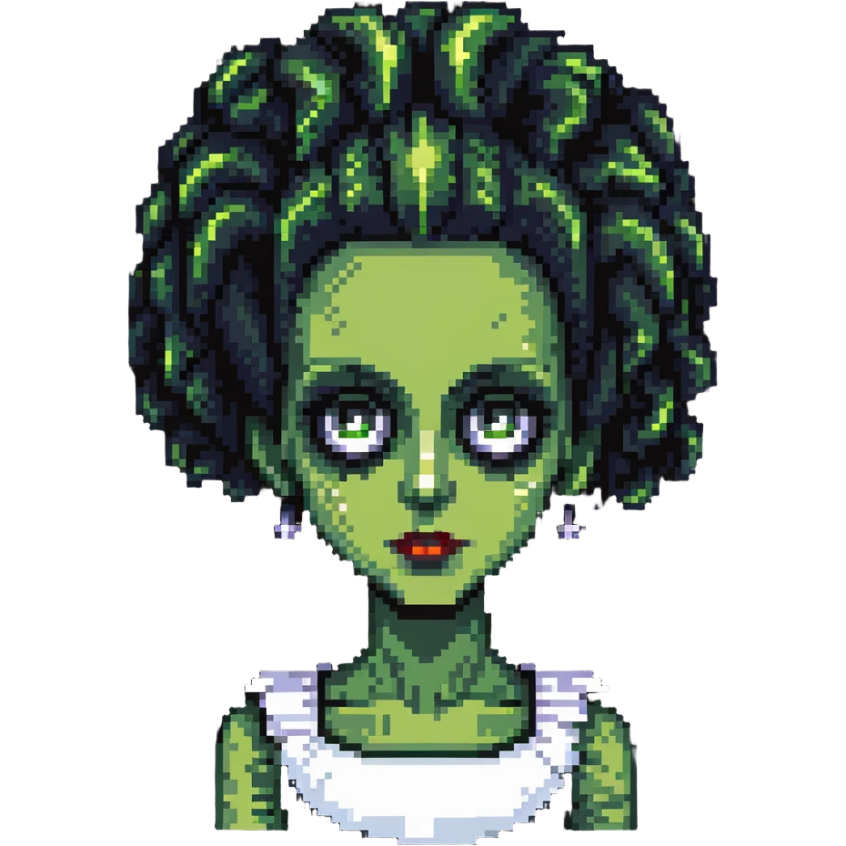 cute pixel Bride of Frankenstein with big eyes and signature hair emoji