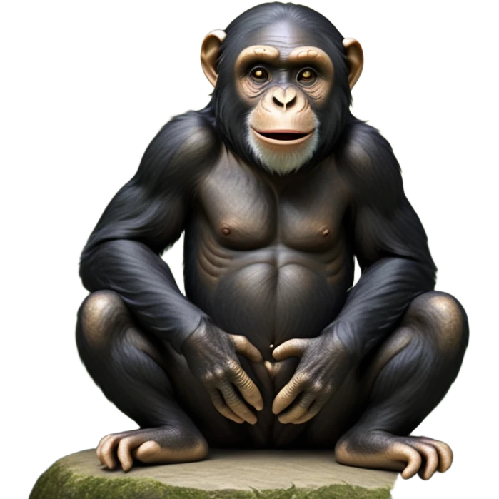 cinematic-noble chimpanzee-realistic-full-body-sitting-emoji,-long-powerful-arms-resting-on-its-knees,-expressive-dark-eyes-filled-with-intelligence-and-curiosity,-coarse-black-fur-textured-and-detailed,-softly-wrinkled-face-hinting-at-a-mischievous-smile,-slightly-open-mouth-showing-a-glimpse-of-teeth,-simplified-yet-realistic-focused-features,-highly-detailed,-glowing-with-a-warm-jungle-light

 emoji