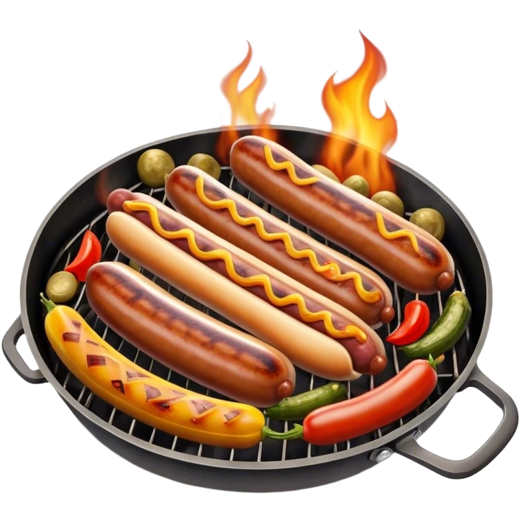 Cinematic Realistic Sausage Sizzle Dish Emoji, featuring sizzling sausages cooking over an open flame rendered with dynamic textures and warm, smoky lighting. emoji