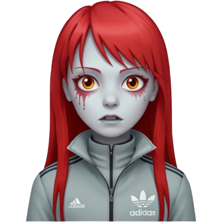 Crie um emoji de uma menina zumbi  com o cabelo vermelho longo com uma franja reta casaco de gola alta da adidas emoji