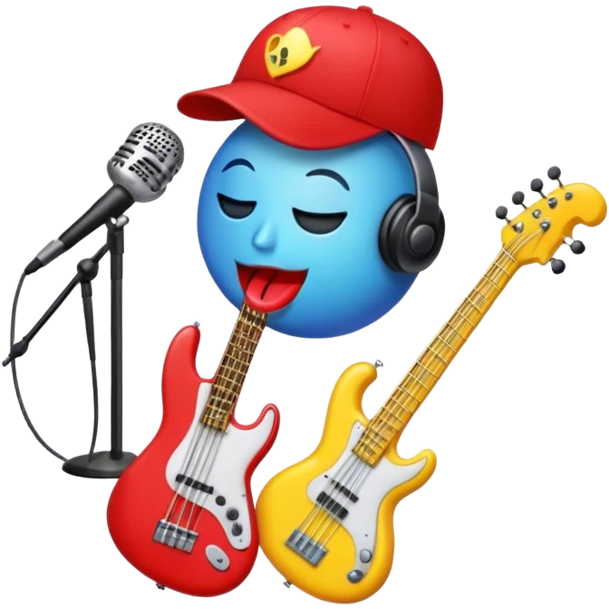 Create a vibrant and creative emoji that represents beatboxing. The design should feature a microphone with a cap placed on top, with oversized lips peeking out from under the cap. From the lips, bass clefs should be flying out, along with a variety of musical instruments (like a drum, electric guitar, and piano keys) to symbolize the blend of rhythm and creativity in beatboxing. Use bold, energetic colors like neon red, yellow, and blue to capture the lively and street-savvy essence of beatboxing. The background should be transparent. emoji