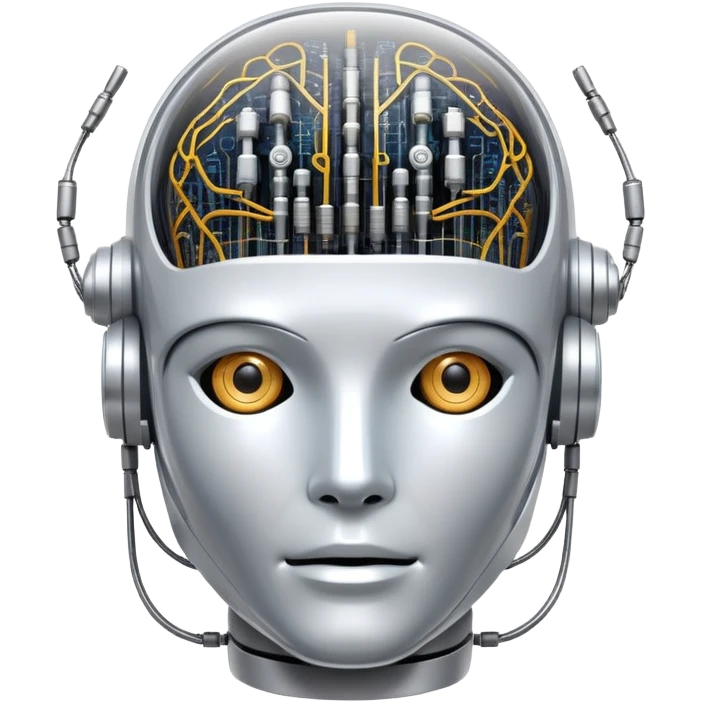 An icon featuring a humanoid robot head, neural network connections, and binary code, symbolizing artificial intelligence. The design includes a brain with circuits and machine learning algorithms, representing the study and development of intelligent systems. Transparent background  emoji