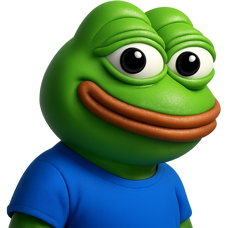 pepe in
- 3d style
- bright green
- blue shirt
- smiling
- looking straight at the camera
- good highlights and shadows
- 30deg angled towards the right emoji