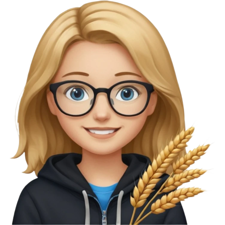 мила дівчинка з пшеничним та трохи хвилястим волоссям до грудей з голубими очами та в окулярах в чорному худі посміхається emoji