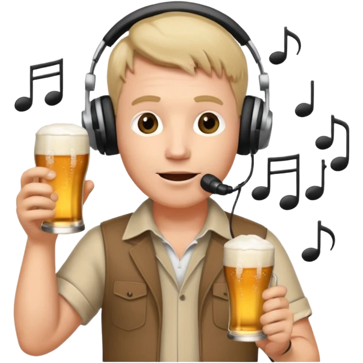 a white male radio presenter wearing headphones, speaking into a microphone, with a beer in his hand and musical notes around him emoji
