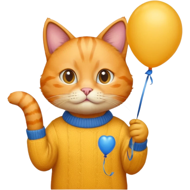 orange Cat hold blue balloon, yellow sweater emoji