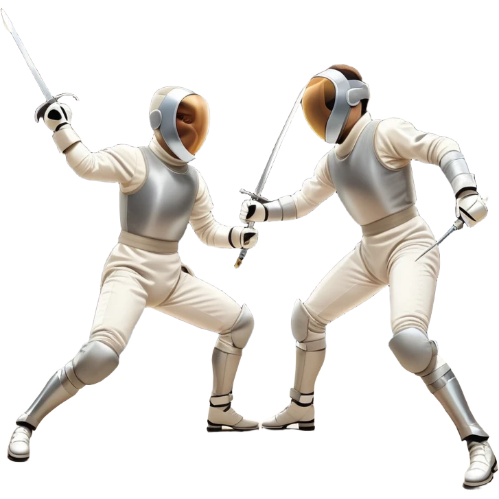 Two fencers in full protective gear and masks duel on a professional piste, swords clashing mid-air. Dynamic lunges and defensive stances highlight the intensity of the sport. The background features a stylized fencing arena with bright lights. Transparent background emoji