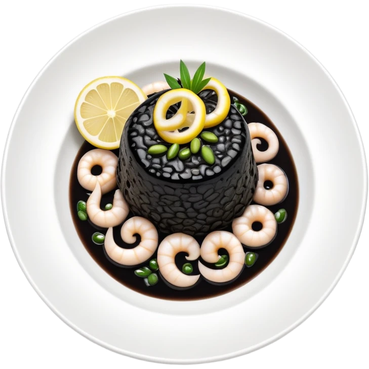 cinematic-realistic-black-risotto-dish,-showcasing-small squid pieces in black sauce -rendered-with-bold-textures-and-dynamic,-dramatic-lighting in a white plate with a grilled lemon on top emoji