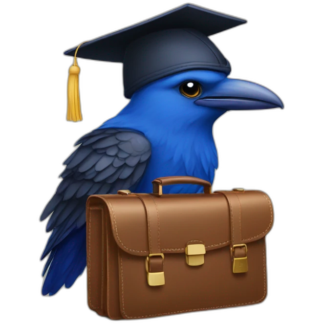 Blue Crow with alumni hat and briefcase emoji