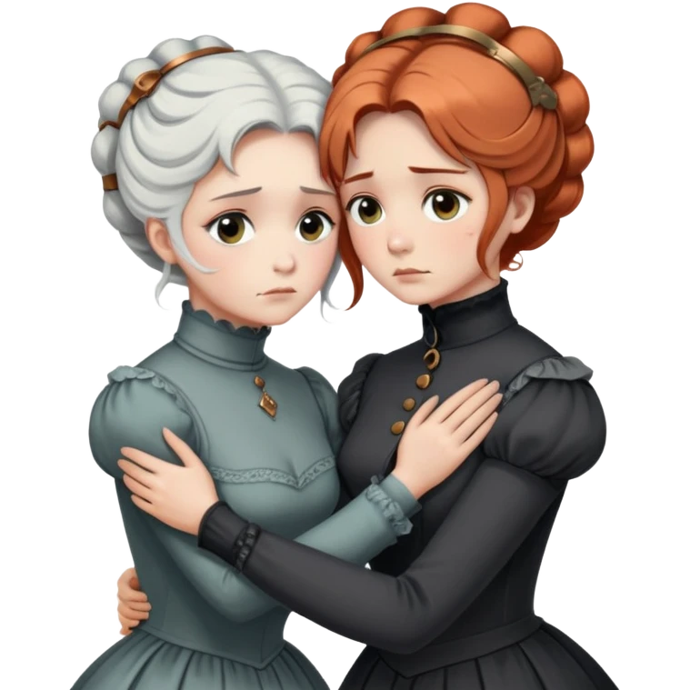 Two Victorian women in a sad intimate hug, one with white coiffed hair and one with copper coiffed hair, both with grey eyes, wearing Victorian turtleneck dresses emoji