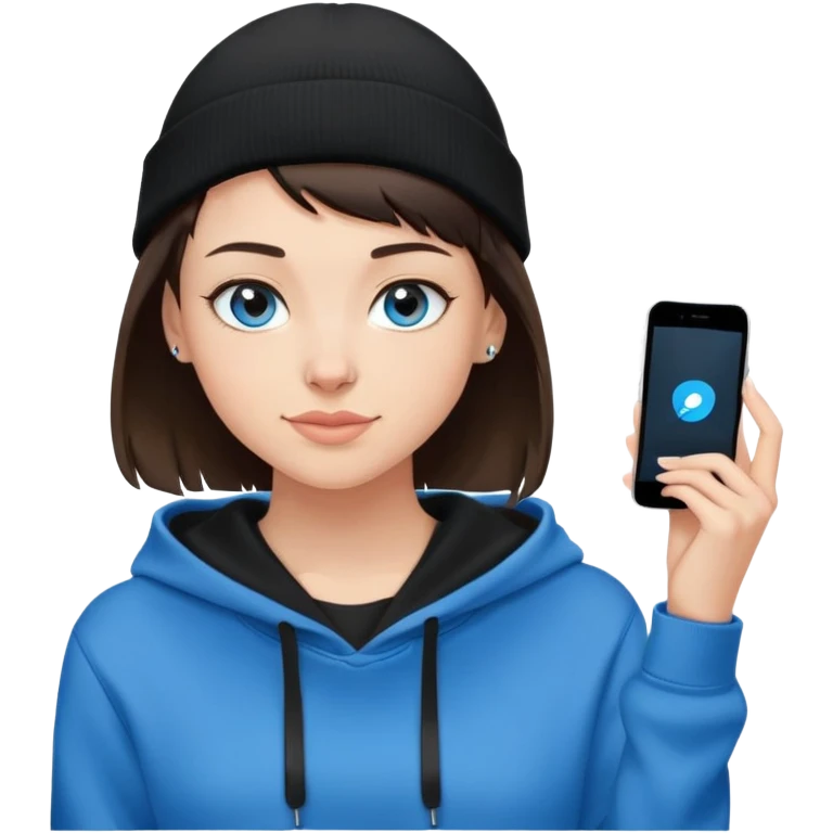 brunette girl with very short buzzed hair on the sides above her ears. the top of her hair is short brunette. she is wearing a black beanie that a side bang can be seen under. this girl needs blue eyes and a black hoodie. i want her to be smirking emoji