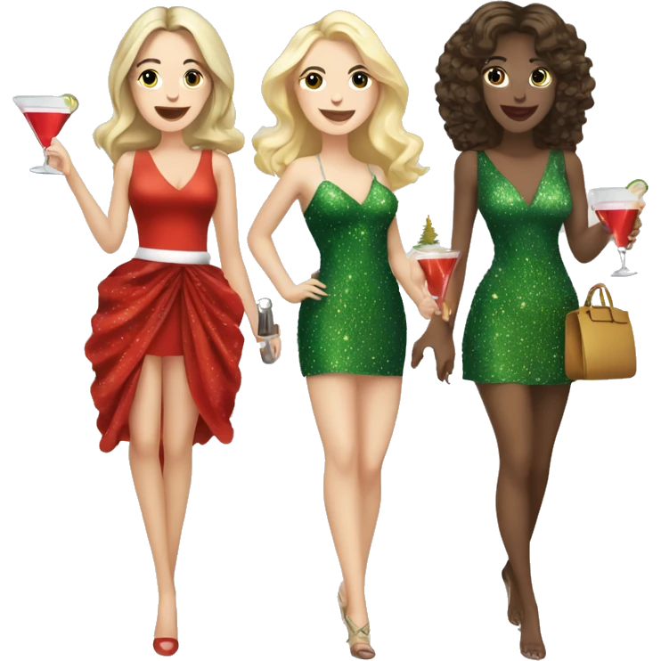 2 brunette white girls and 1 blonde white girl drinking cocktails together wearing Christmas tree dresses emoji