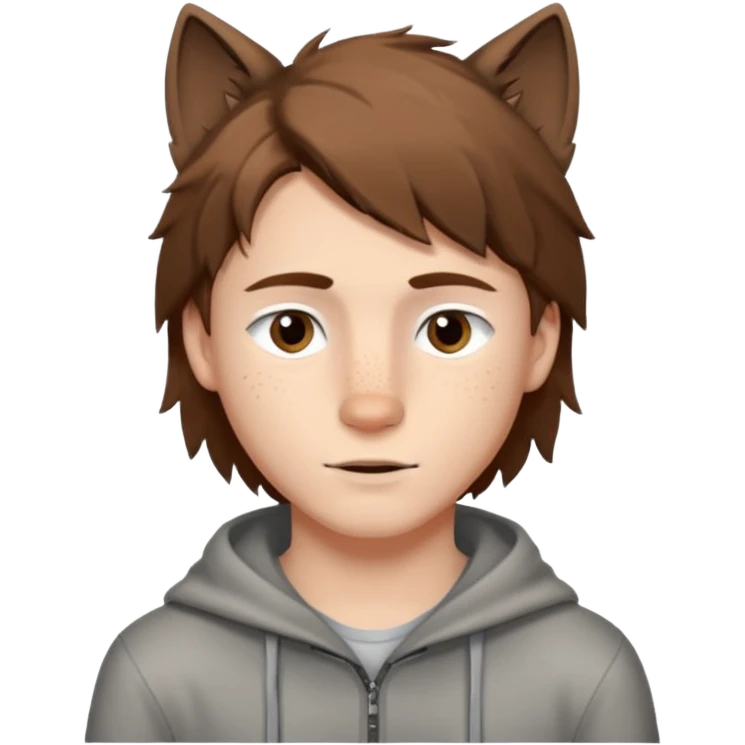 A young white boy with brown hair and eyes, with slightly long, straight and disheveled hair with wolf cut, Make it look aesthetic,  emoji