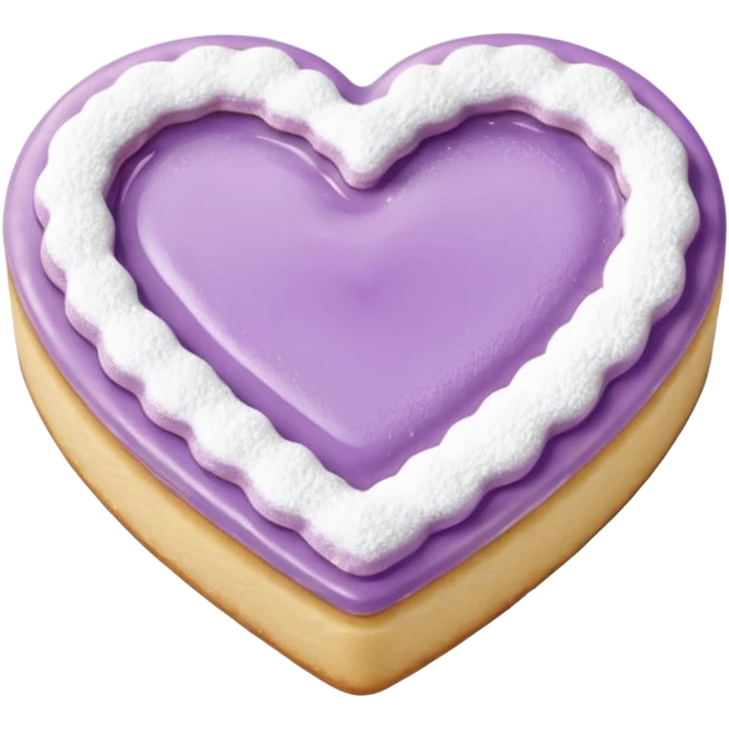 Realistic shortbread cookie in the shape of a heart with pale lilac color jelly middle filling and sprinkled powder sugar on top. emoji