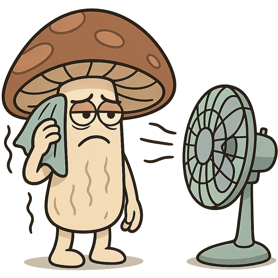 a simple and clear cartoon style illustration of a mushroom being dried with a fan emoji