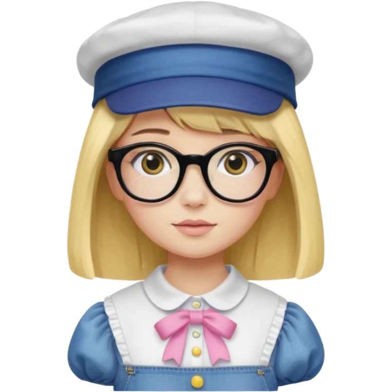 A yellow-skinned girl with medium-long straight hair, flat bangs, black frame glasses, a white puffy sleeve doll shirt, blue jeans and pink shoes, and a black painter's hat. emoji