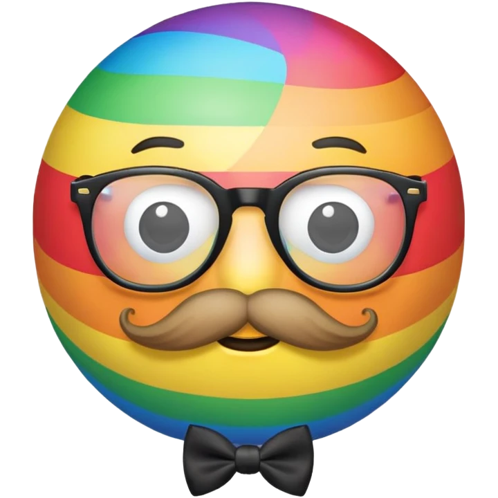 a rainbow ball with no nose  with a mustache and glasses and a bow tie emoji