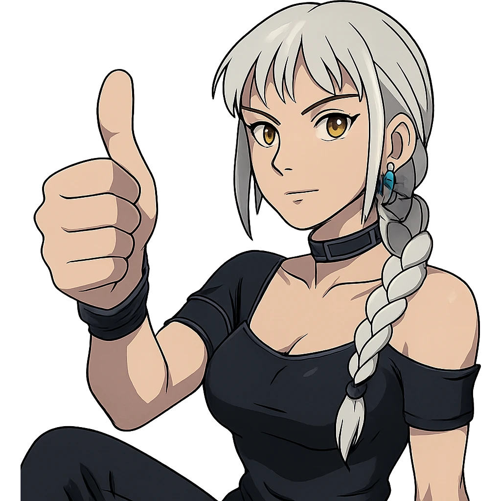  she is throwing a huge emphatic thumbs up, a closeup portrait of young woman with gold yellow eyes, white hair, long braid, black off-shoulder top d-cup, punk gothic style, futuristic cyberwave cyberpunk, sitting position
 emoji