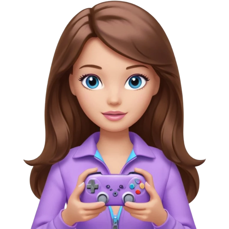 beautiful barbie girl with long brown hair, blue eyes and wearing light purple clothes playing console games with controller emoji