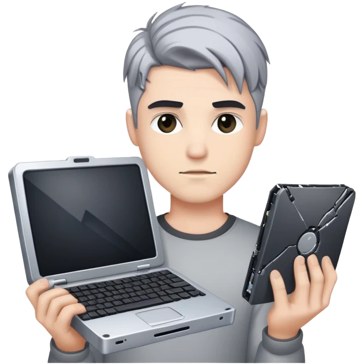 A handsome young man who had black/silver hair holding a broken computer emoji