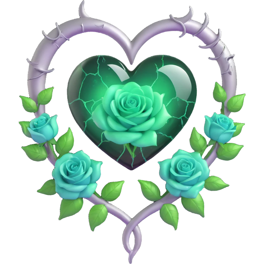 gothic heart made of smoky onyx glass, silver crescent moon, glowing emerald roses, holographic stardust, neon green lightning, wet and cracked glass emoji