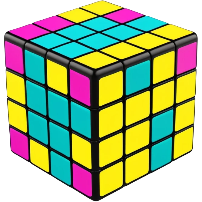 A 3x3 Rubik's Cube with 90s American graffiti-inspired colors, black edges, viewed from an angle, neon yellow, teal, and magenta emoji