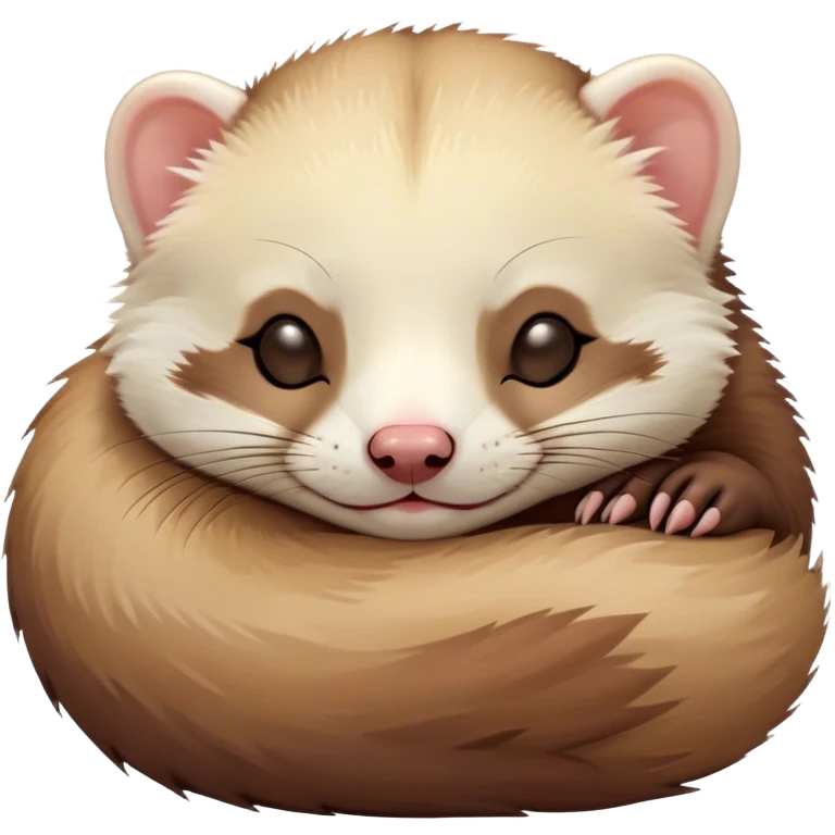 Meme-Worthy Cute Sleeping Ferret Portrait Emoji, Head resting peacefully with a contented smile, showcasing a long, flexible body curled up in cozy repose, luxuriously soft fur in warm brown and cream, and eyes gently closed in serene slumber, Simplified yet hilariously adorable features, highly detailed, glowing with a soft, drowsy natural light, high shine, relaxed and utterly lovable, stylized with an air of playful laziness, bright and heartwarming, soft glowing outline, capturing the essence of a sleeping ferret that feels destined to become the next viral sensation of adorable rest! emoji