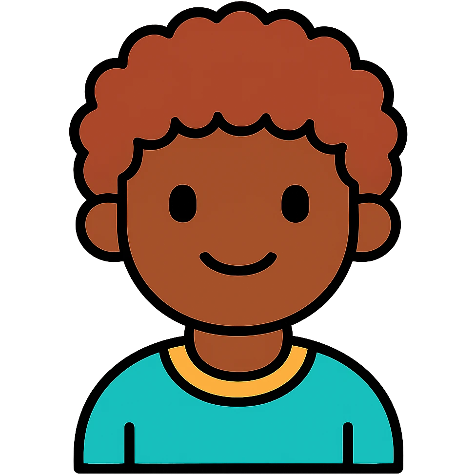 Make the Black kid's hair fluffy, keep the simple and friendly lineal color icon with black outlines style, no background. emoji