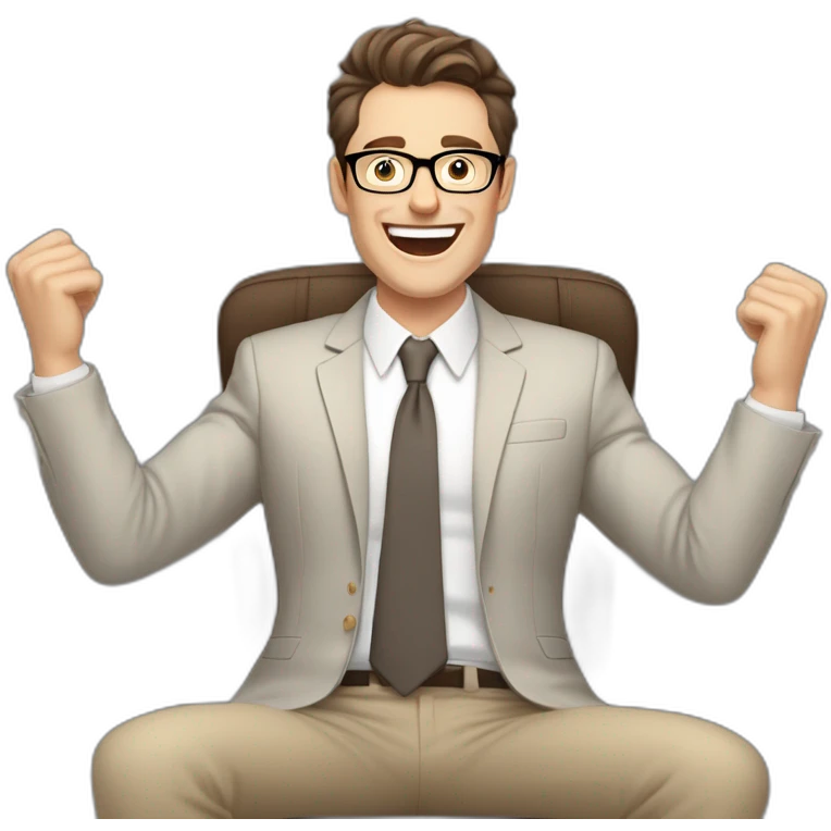 Joyful Celebrating victory Hands up Pale skinned Fit Man With dark brown hair in gray jacket, beige office shirt, Brown pants and vintage glasses sitting In a soft chair emoji