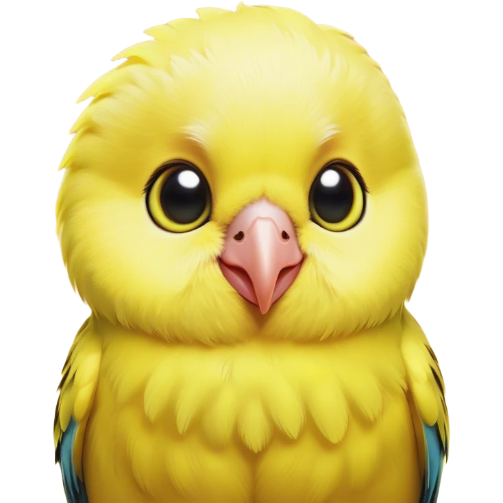 Cinematic Cute Yellow Budgie Portrait Emoji, Head tilted playfully and inquisitively, featuring a radiant yellow feathered fur with a natural sheen, round, sparkling dark eyes filled with curiosity, Simplified yet irresistibly adorable features, highly detailed, glowing with a warm, friendly glow, high shine, affectionate and lively, stylized with a touch of whimsy, bright and endearing, soft glowing outline, capturing the essence of a mischievous yet loving budgie, so playful it feels like it could chirp out of the screen and into your arms! emoji