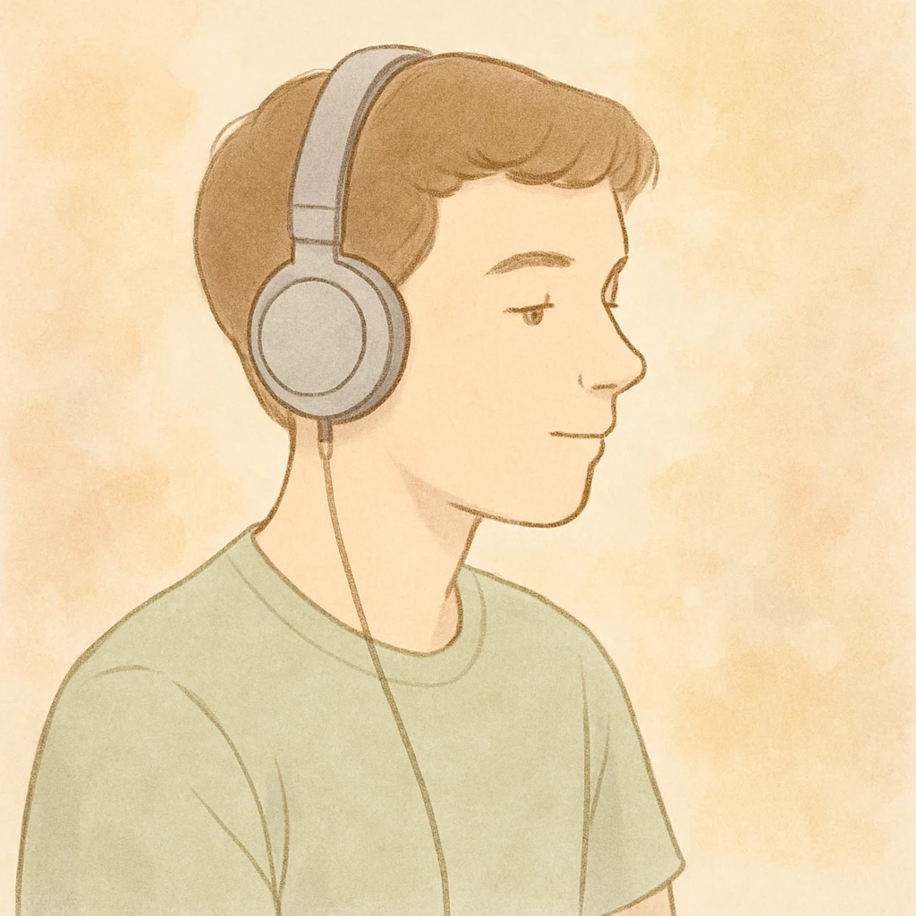 person with short hair and headphones, soft line avatar style, gentle lines and pastel hues emoji