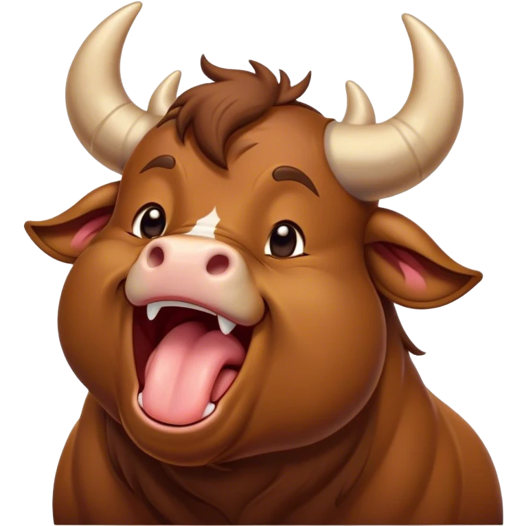 Cinematic Cute Yawning Brown Bull Portrait Emoji, Head tilted slightly with a dramatic, wide-open yawn, showcasing a smooth, rich brown hide with a subtle texture, floppy ears slightly drooping, round dark eyes barely open in drowsy contentment, Simplified yet irresistibly adorable features, highly detailed, glowing with a soft, cozy glow, high shine, relaxed yet expressive, stylized with a touch of rugged whimsy, bright and endearing, soft glowing outline, capturing the essence of a sleepy yet affectionate guardian, so drowsy it feels like it could charge right out of the screen and curl up for a nap! emoji