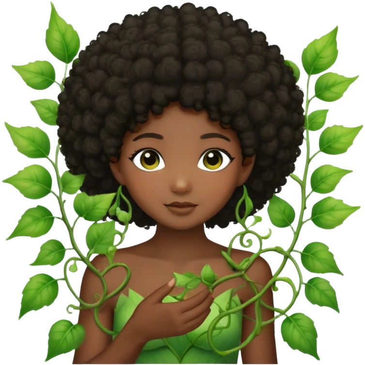 Dreamy nature fairy with brown eyes Afro black hair dark skin touching a vine  emoji