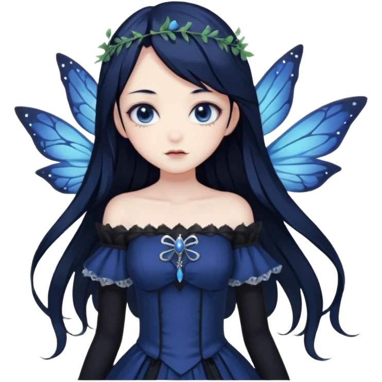 Gothic anime fairy with long beautiful black hair and dark blue dress, pastelcore, emoji