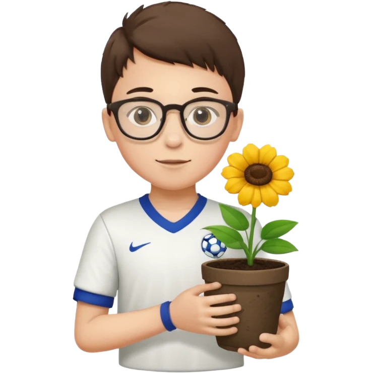 young boy wearing glasses, wearing soccer uniform, holding a flower pot emoji