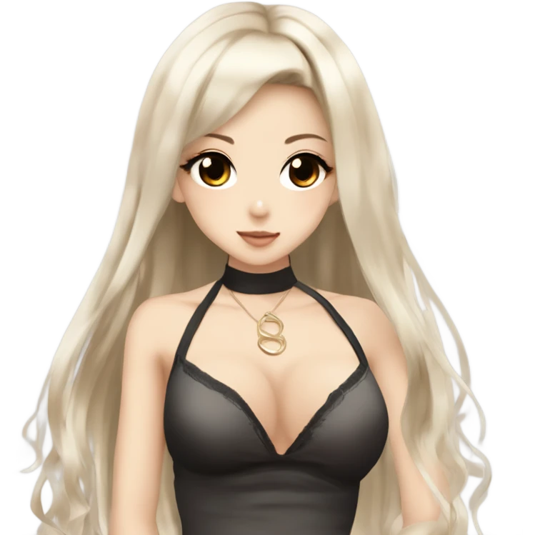hime gyaru girl with LONG SILKY BLACK HAIR, with beige satin halter top with chest, very pale skin and pretty brown monolid eyes emoji