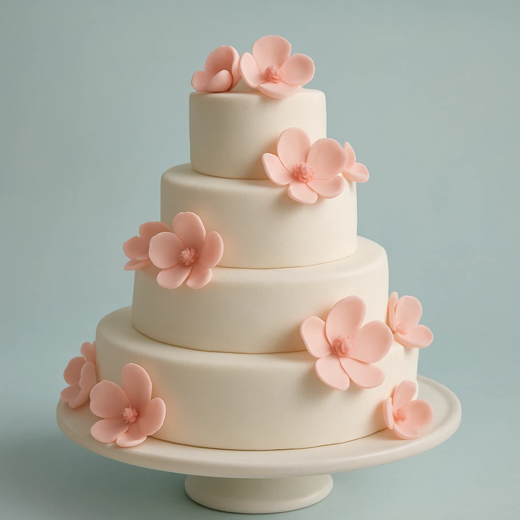 wedding cake with pink fondant flowers and a light blue background emoji