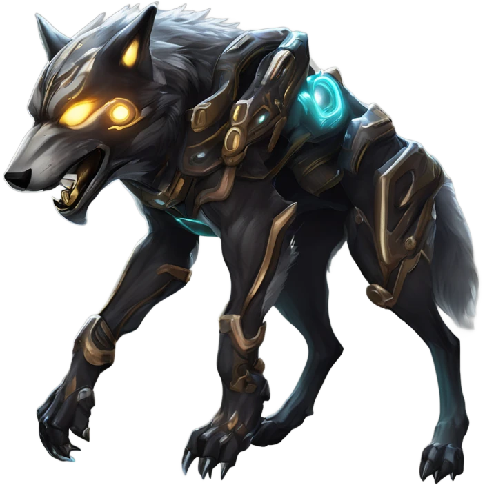 Warframe-inspired wolf Warframe with sleek biomechanical armor, a snarling wolf-like helmet, glowing eyes, and clawed gauntlets. Dark metallic colors with glowing energy lines, blending feral agility and deadly stealth. emoji