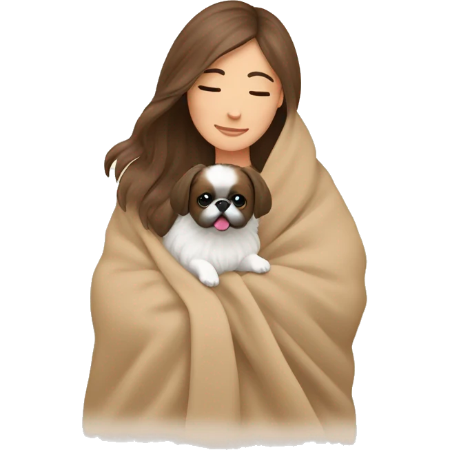 A Women with brown hair is cradling her Pekingese in a beige blanket emoji
