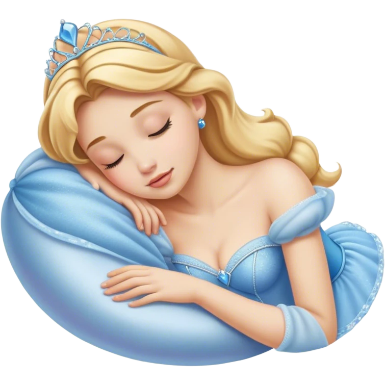 Cinematic Realistic Sleeping Cinderella Portrait, portrayed with exceptional realism: her luminous porcelain skin and exquisitely detailed golden-blonde hair lie softly under the gentle caress of natural light. Her eyes are peacefully closed in a serene, dreamlike slumber, and every fold and shimmer of her iconic ball gown is rendered with painstaking detail. The overall composition radiates a quiet, enchanting glow that encapsulates the timeless, restful beauty of a princess lost in a gentle, magical dream. emoji