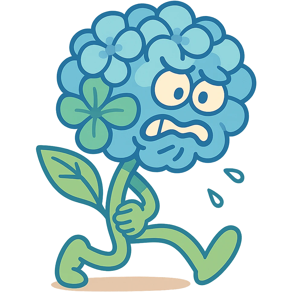 sky blue hydrangea flower with a twisted face and bulging eyes, holding its belly in a desperate toilet run, soft pastel shades, vibrant toon style emoji