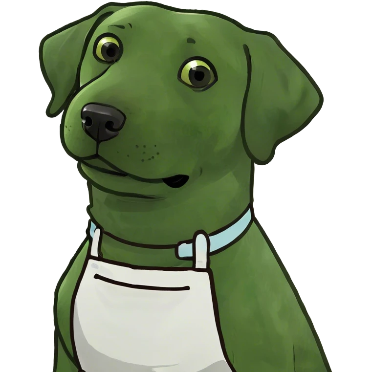 Labrador Retriever with apron standing over a stove with boiling pots  emoji