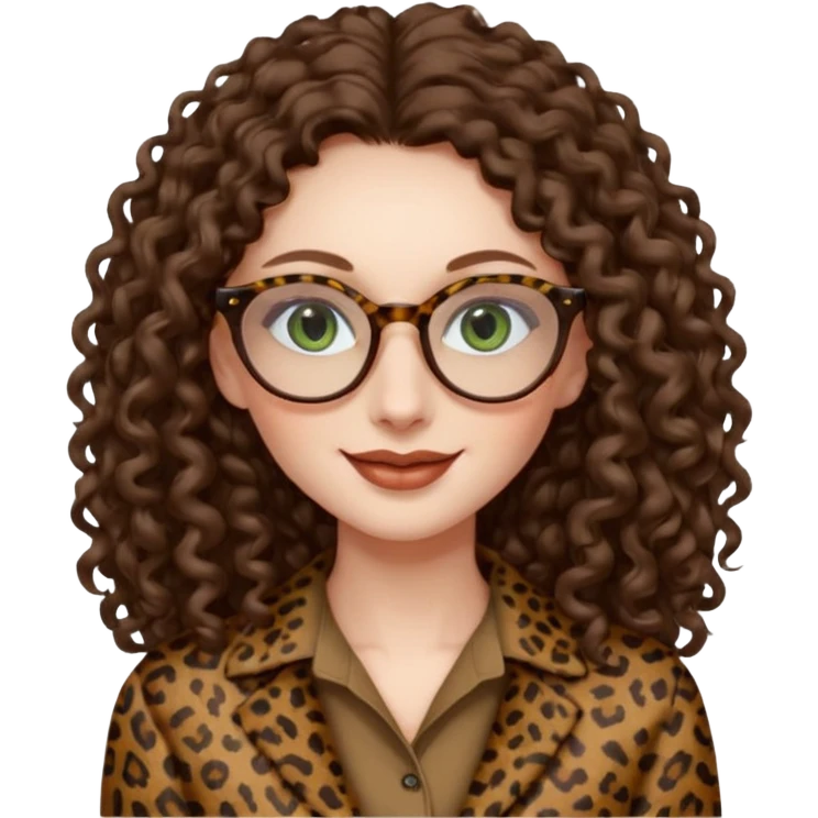 a green eyed woman with very very long brunette curly hair, full lips,and pale skin. She is wearing a leopard printed thin round-ish glasses . She is wearing fully brown clothes. She is gretting smiling emoji