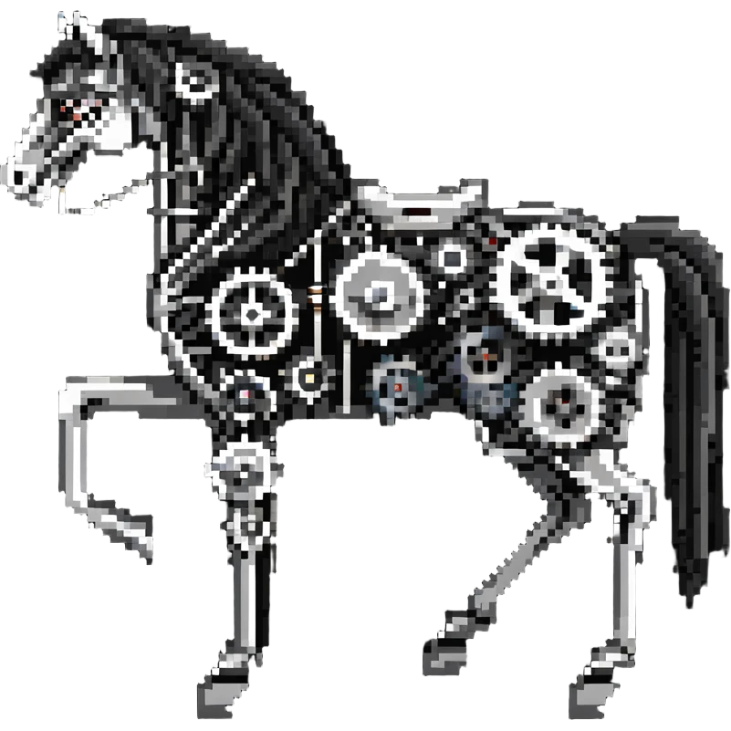 Horse constructed from mechanical parts, gears, cogs, wires, and ropes, steampunk aesthetic emoji