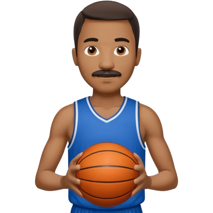 black man basketball player blue jersey with mustache holding basket ball emoji