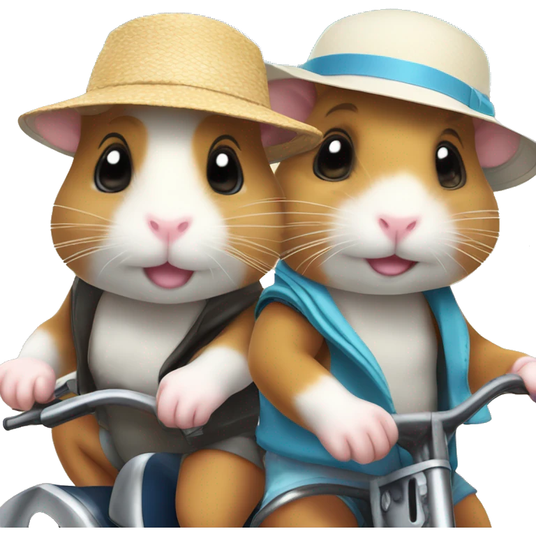Two hamsters wearing swim shorts and sun hats driving by motorbike on the beach emoji
