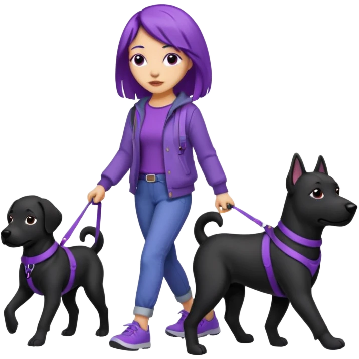 purple haired light skinned woman walking a big, black dog emoji