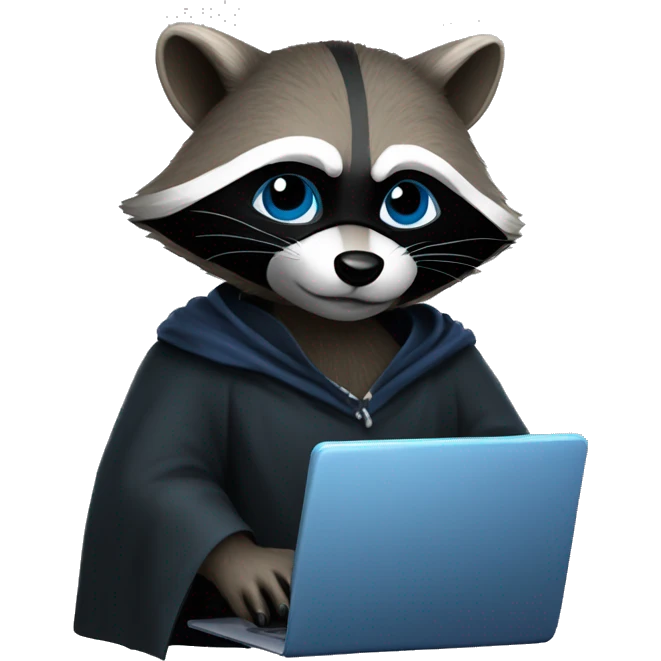 A raccoon with a blue mask over his eyes that doesn't cover the rest of his body, in a black cloak, holding a laptop and writing something on it emoji